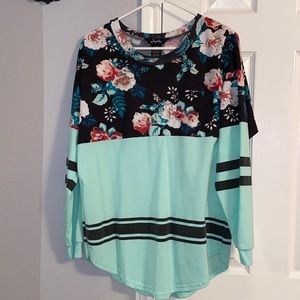 Mint Floral Long Sleeve Jersey Shirt with Pocket